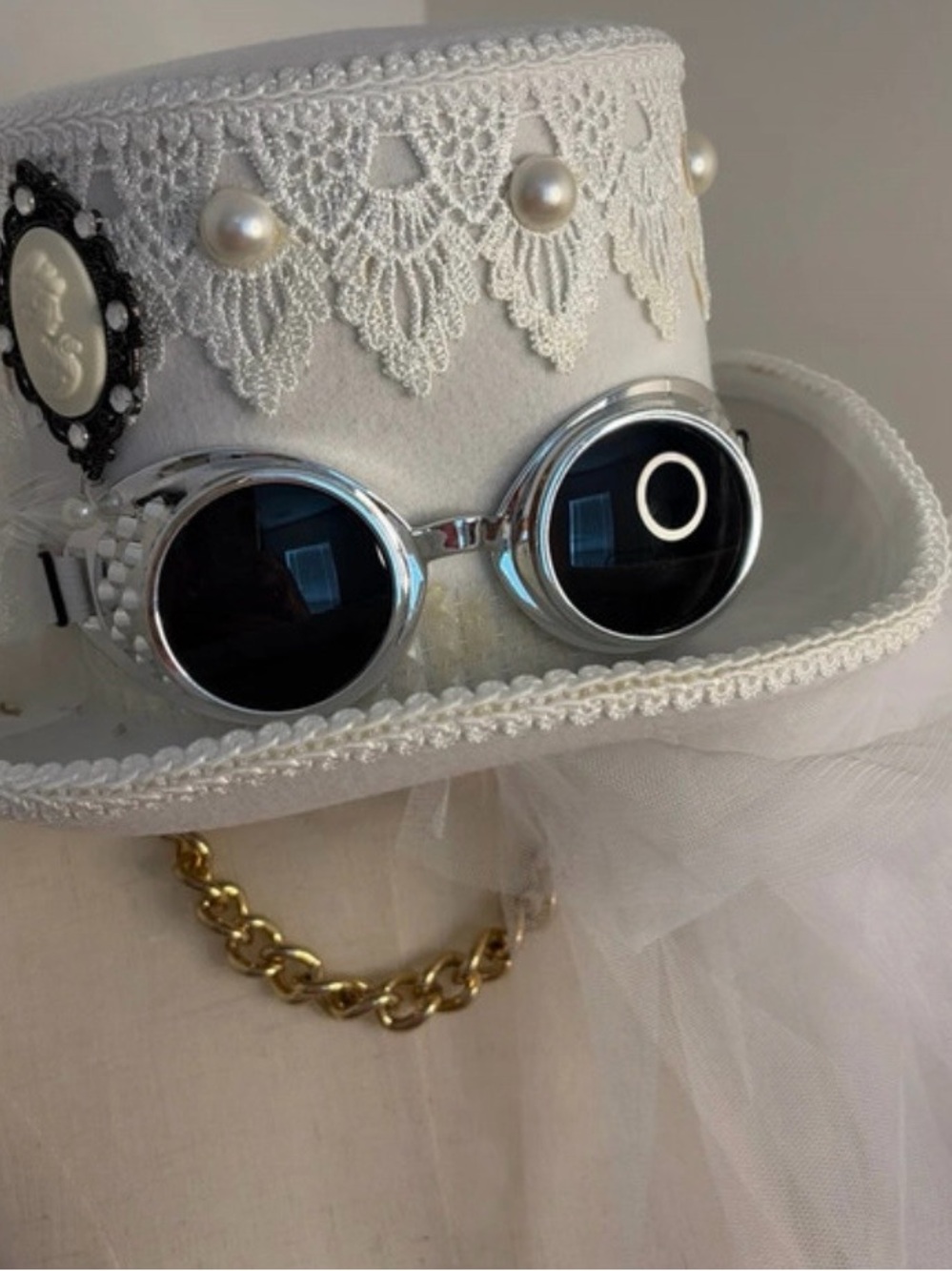 White Lace Steampunk Goggles Bridal fashion hat